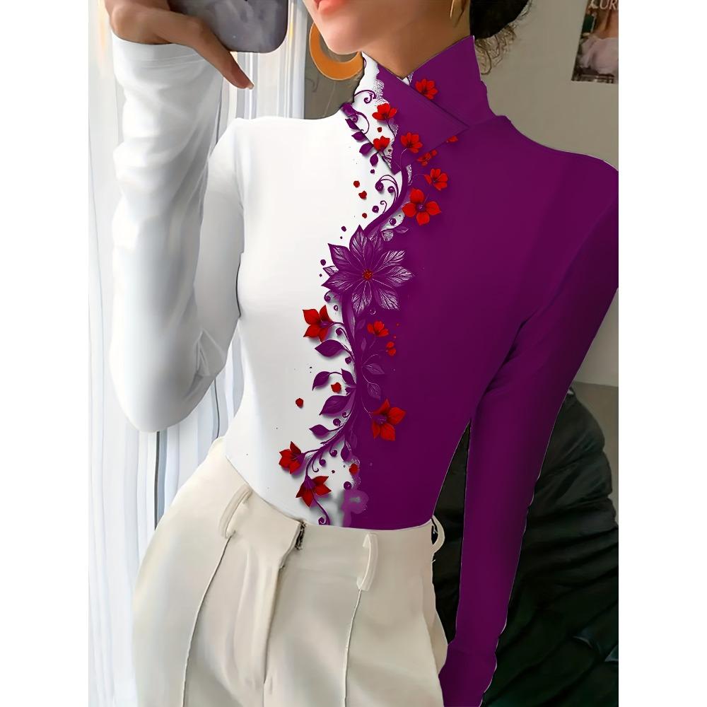 Women's Printed Cheongsam Collar Slim-fitting Long-sleeved T-shirt, Elegant Long-sleeved Bottoming Shirt, Spring and Autumn Women's Clothing