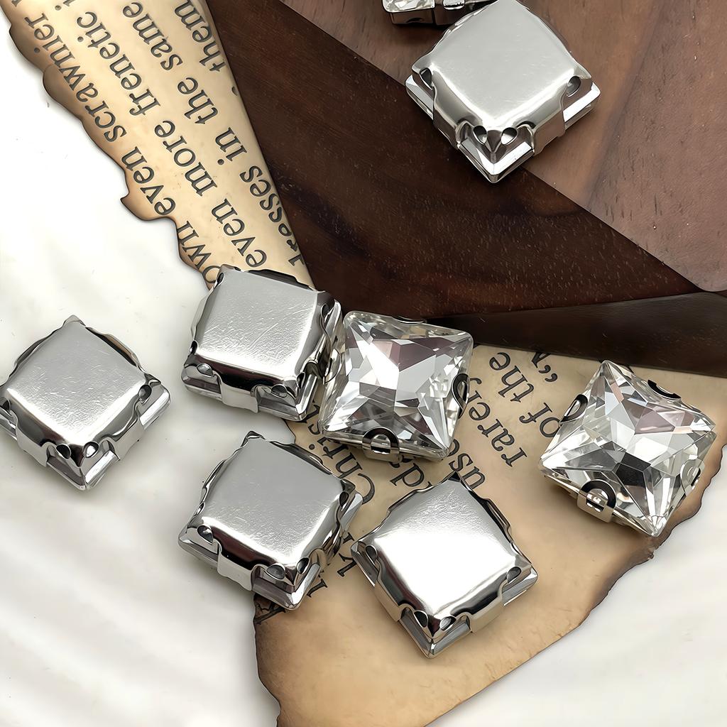Square Crystal Glass Rhinestones with Claw Marquise Sew On Stone Strass Diamond Metal Base for Wedding Dress Garment Ornament