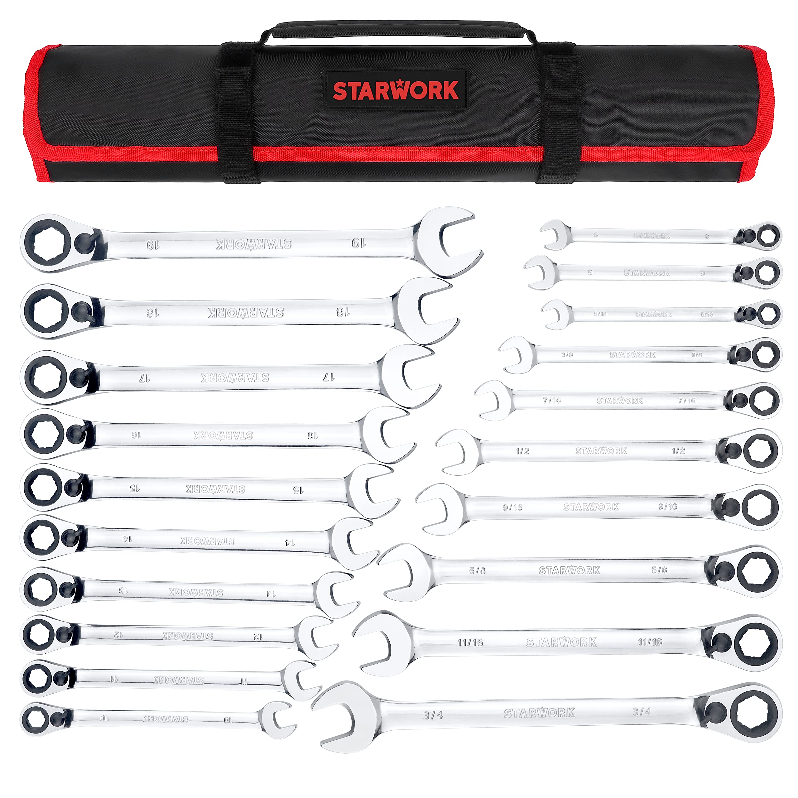 

STARWORK TRUE Gear Ratchet Wrench Set with Storage Bag 20-Piece MECHANIC™ Dual-Purpose Non-Slip (SAE/Metric)