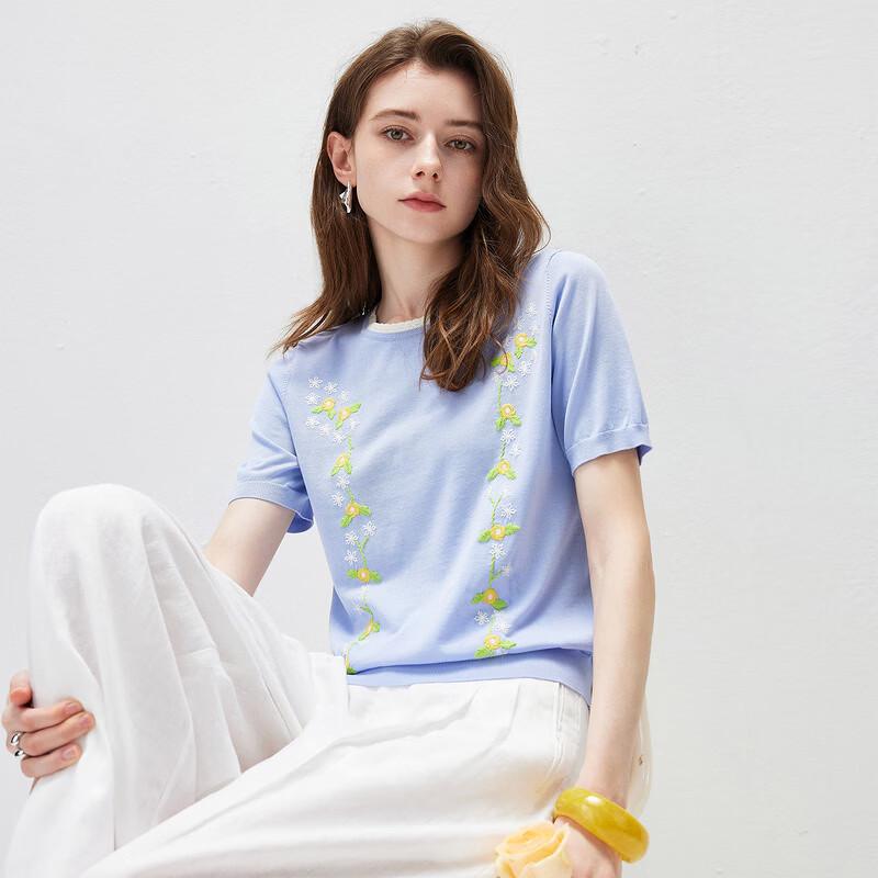 Women's Mulberry Silk Blend Embroidered Short-Sleeve T-Shirt