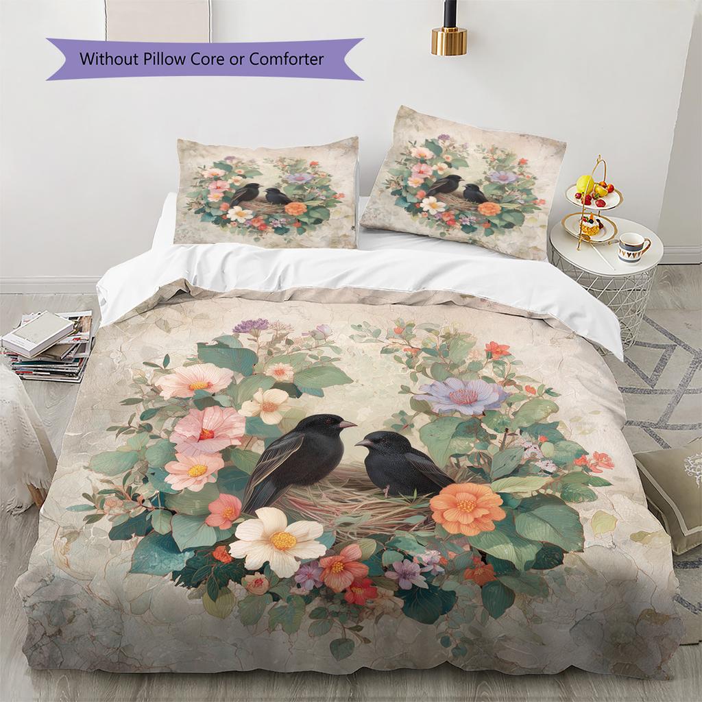 Bird's Nest with Flower Wreath  Pattern Bedding Quilt Set  Home Decoration  Gift (1 * duvet cover + 2 * pillowcase, without core)