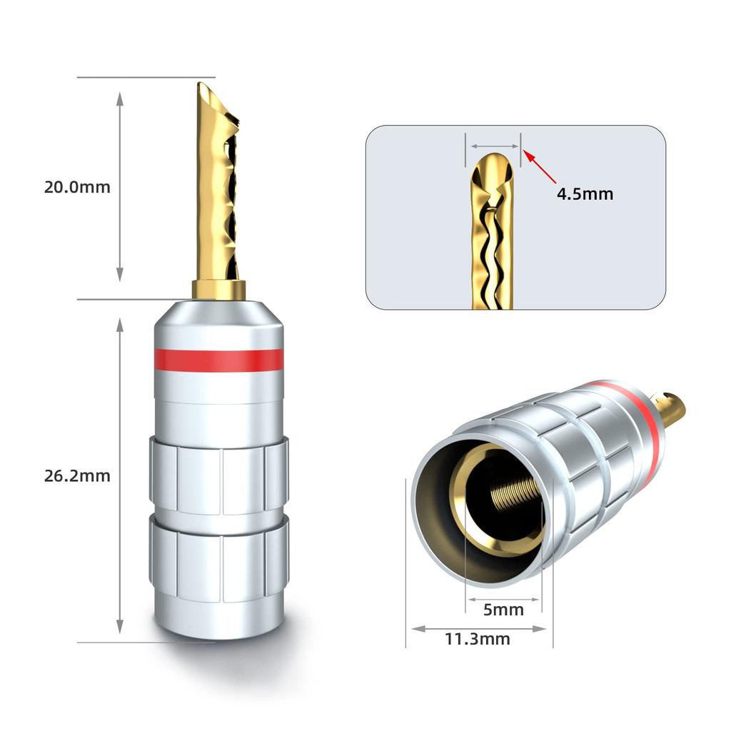 Cleqol Cleqee 24K Gold Plated Banana Solderless Speaker Cable Audio Plugs Plugs, 8-Pack, Screw-In Type, Terminals, Connectors,