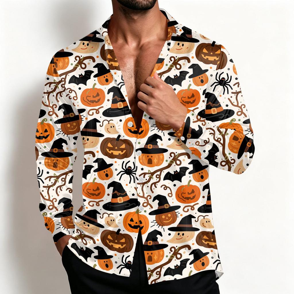 Men's Casual Halloween Shirt Jacket Loose Fit Breathable Turn-Down Collar for Spring and
