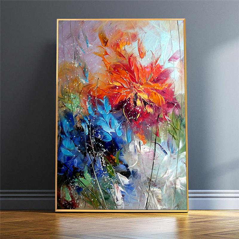 Abstraktes Aquarell-Blau-Orange-Blumen-Ölgemälde auf Leinwand, Poster und Druck, Bild, Wandkunst, Cuadros, Heim- und Raumdekoration