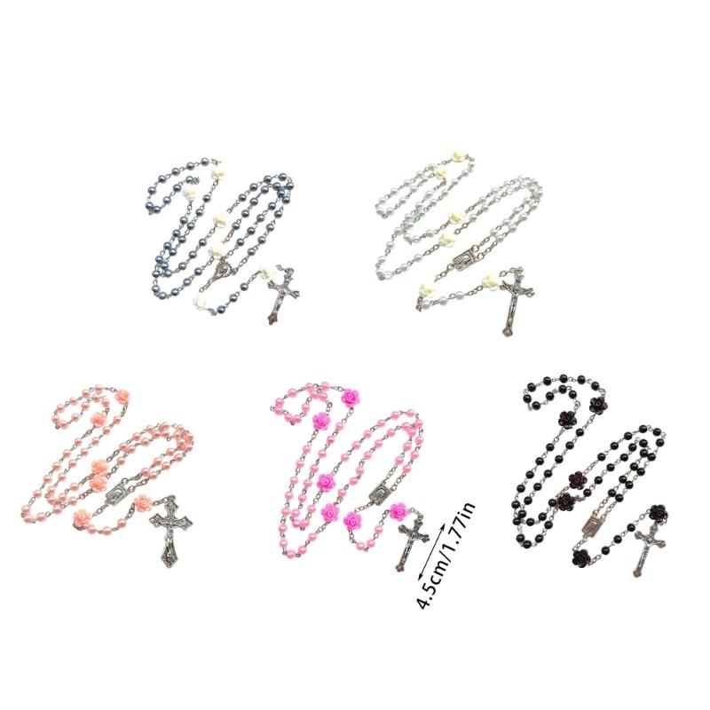 Elegant Rosary Beads Necklace With Glass Pearls and Crucifix Pendant for Prayer and Fashion