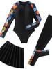 Women's Long Sleeve Sun-Protective Tie-Dye Swimwear Set with Front Zipper - Muslim Four-Piece Outfit