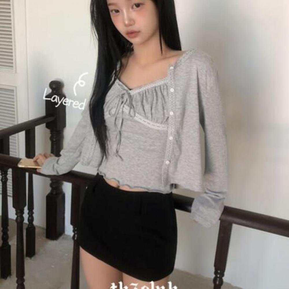 The Pink Women Slim Fit Frill Lace Ribbon Tank Top + Cardigan Set