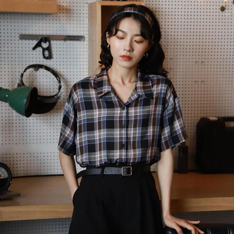 Short Sleeved Checkered Shirts for Women Summer Retro Versatile New Tops Loose Single Breasted Lapel Female's Blouses