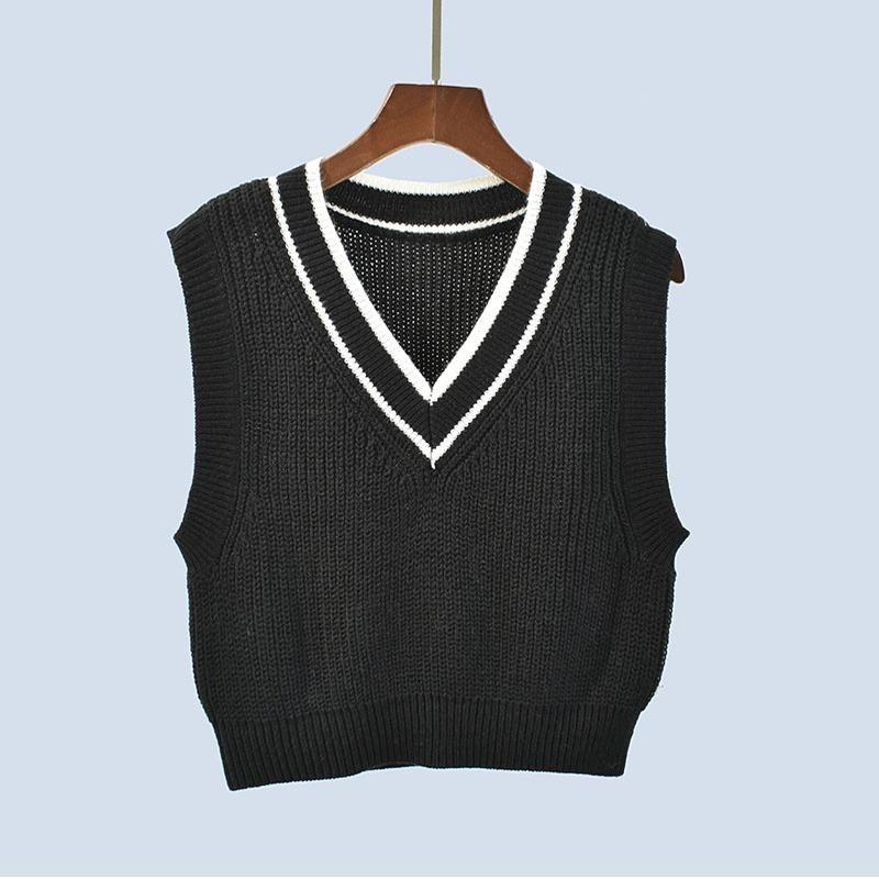 V Neck Sleeveless Short Color Matching Bandage Dress Preppy Style Knitting Sweater Export Quality Vest Jacket Women's Inner