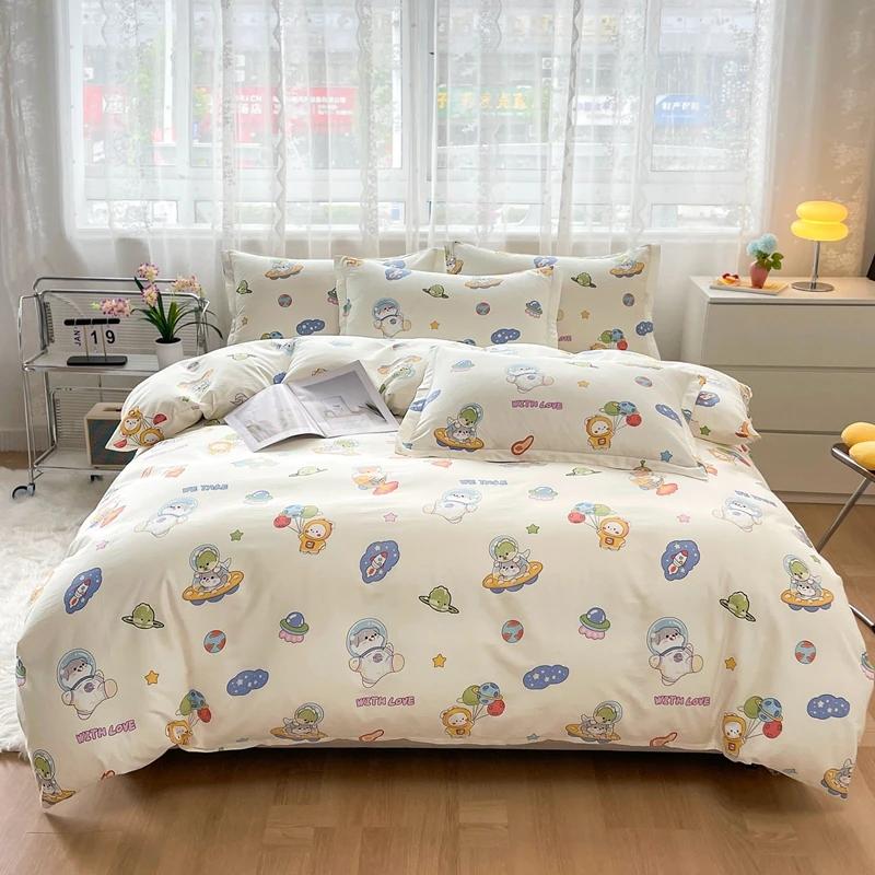 Comforter Cute Cartoon Panda Twin Queen 100% Cotton Kawaii Star Comforter 3 Pcs Soft Reversible Green Plaid Bedding Set