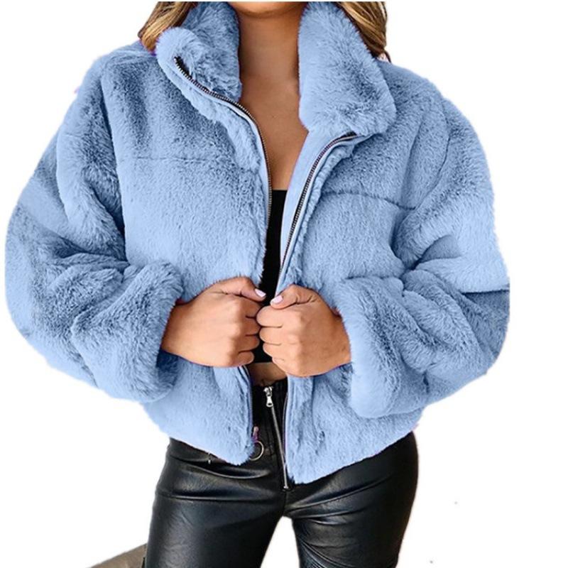 Women's Autumn Winter Faux Fur Short Coats Zipper Plush Warm Oversized Thick Jacket Turn Down Collar Overcoat