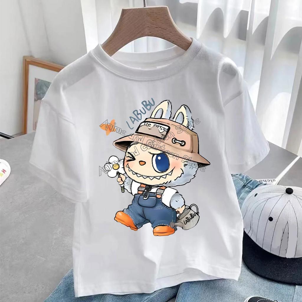 Labubu Weißes T-Shirt für Kinder Niedliches Cartoon-T-Shirt Oberteil Anime Rundhals Kurzarm Kleidung Mode Kinder Sommerkleidung Geschenk