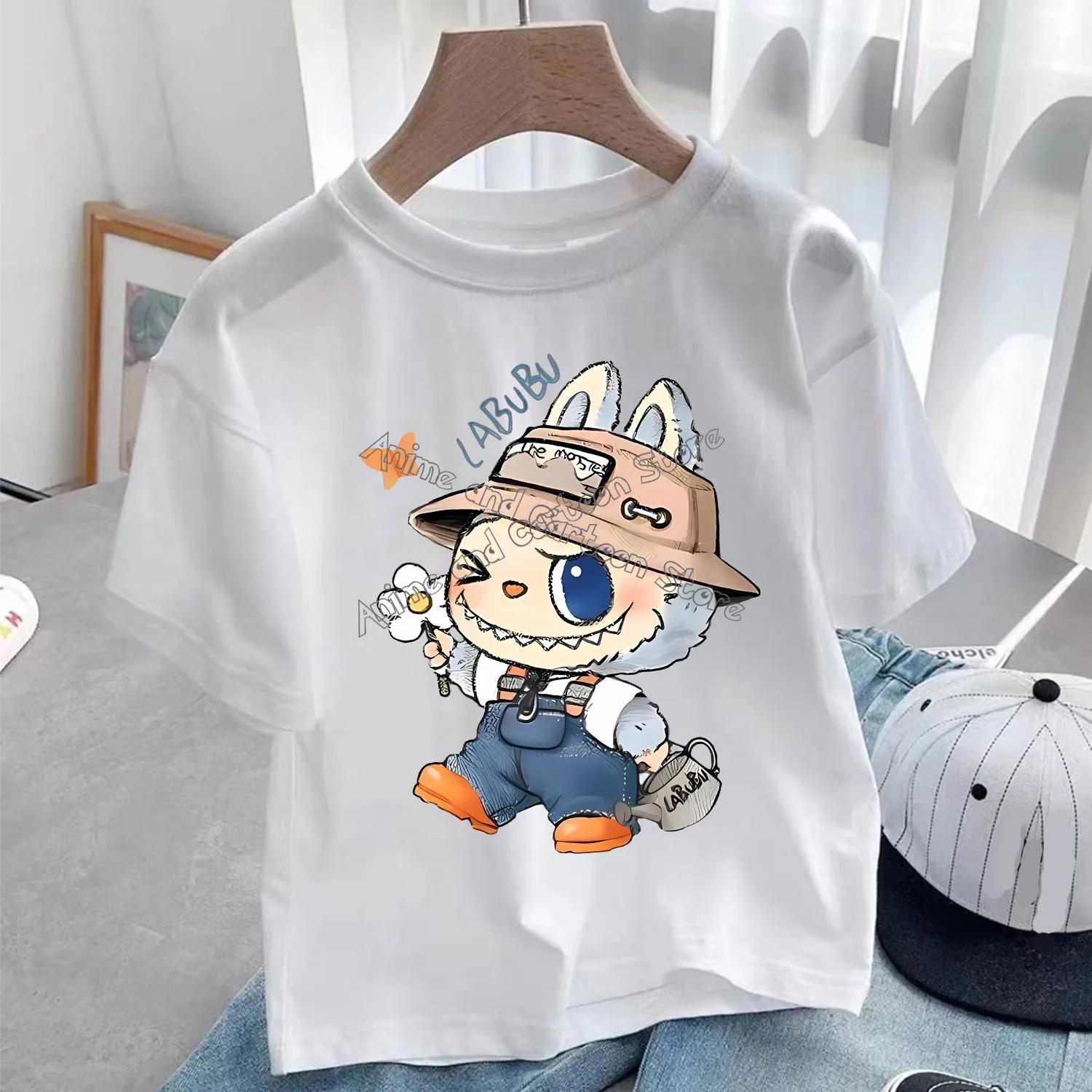 Maglietta Bianca Labubu per Bambini Carina Maglietta Cartone Animato Top Anime Girocollo Manica Corta Vestiti Moda Abbigliamento Estivo per Bambini Regalo 150