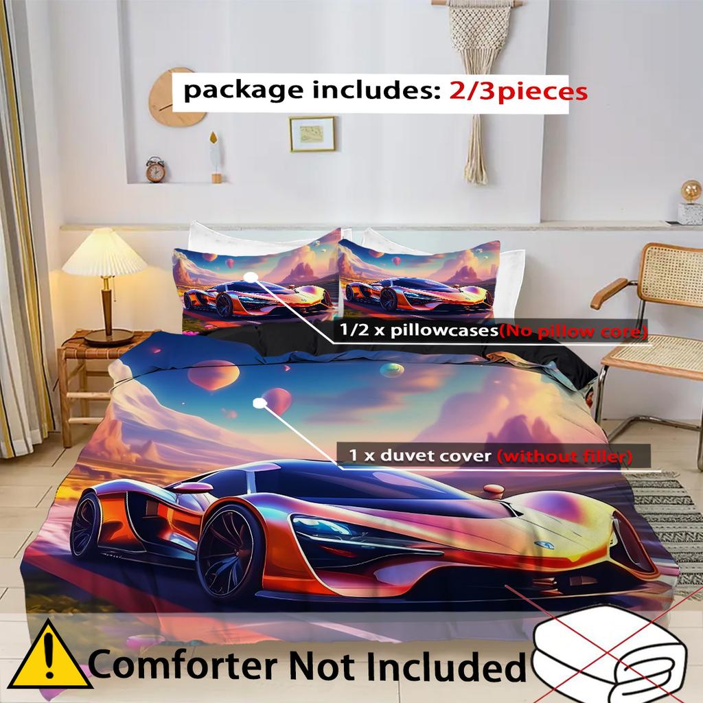 2/3Pcs Cool Colorful Sports Car 3D Printed Quilt Cover Cartoon Dream Style Soft Bedding Set Home Textiles Polyester Duvet Cover
