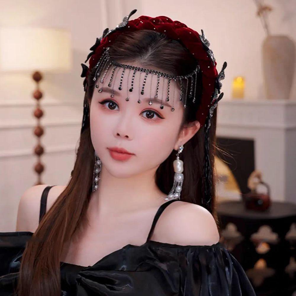 Korean Style Braid Flower Hair Hoop Sweet Exquisite Party Celebration Tiara Light Luxury with Tassel Wide Hair Band