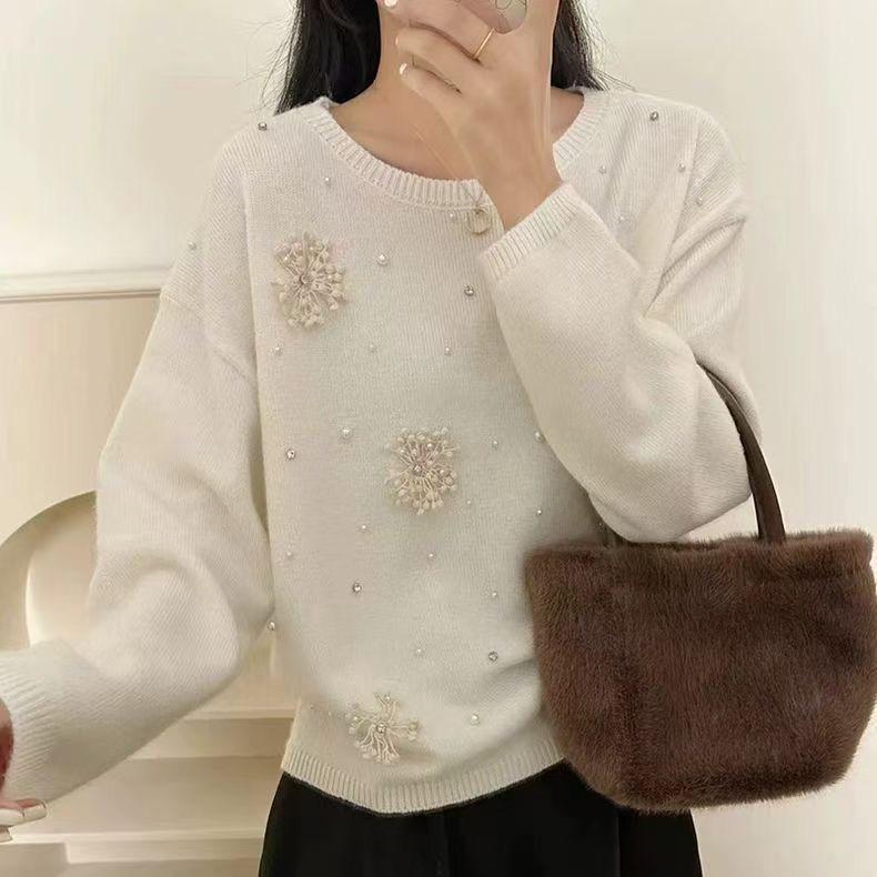 Women's Round Neck Beaded Knit Sweater - Loose Fit, Autumn/Winter Outerwear