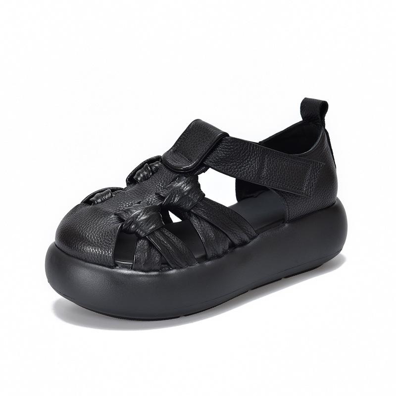 Johnature Genuine Leather Retro Hand Woven Hollow-out Sandals Soft Soled Women's Flat Platform Shoes