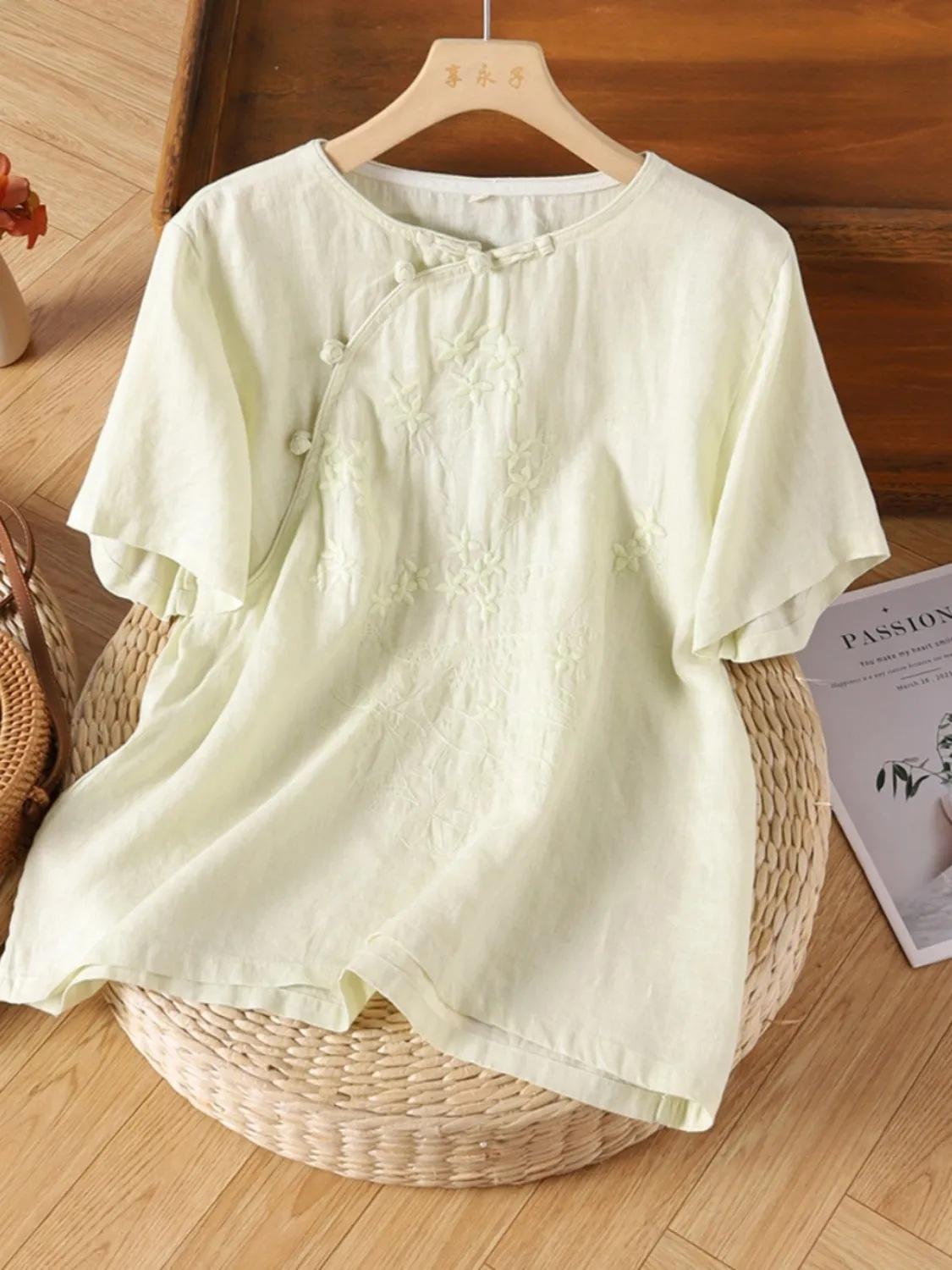 

Женская вышитая свободная хлопково-льняная футболка с коротким рукавом винтажная большого размера летние топы M