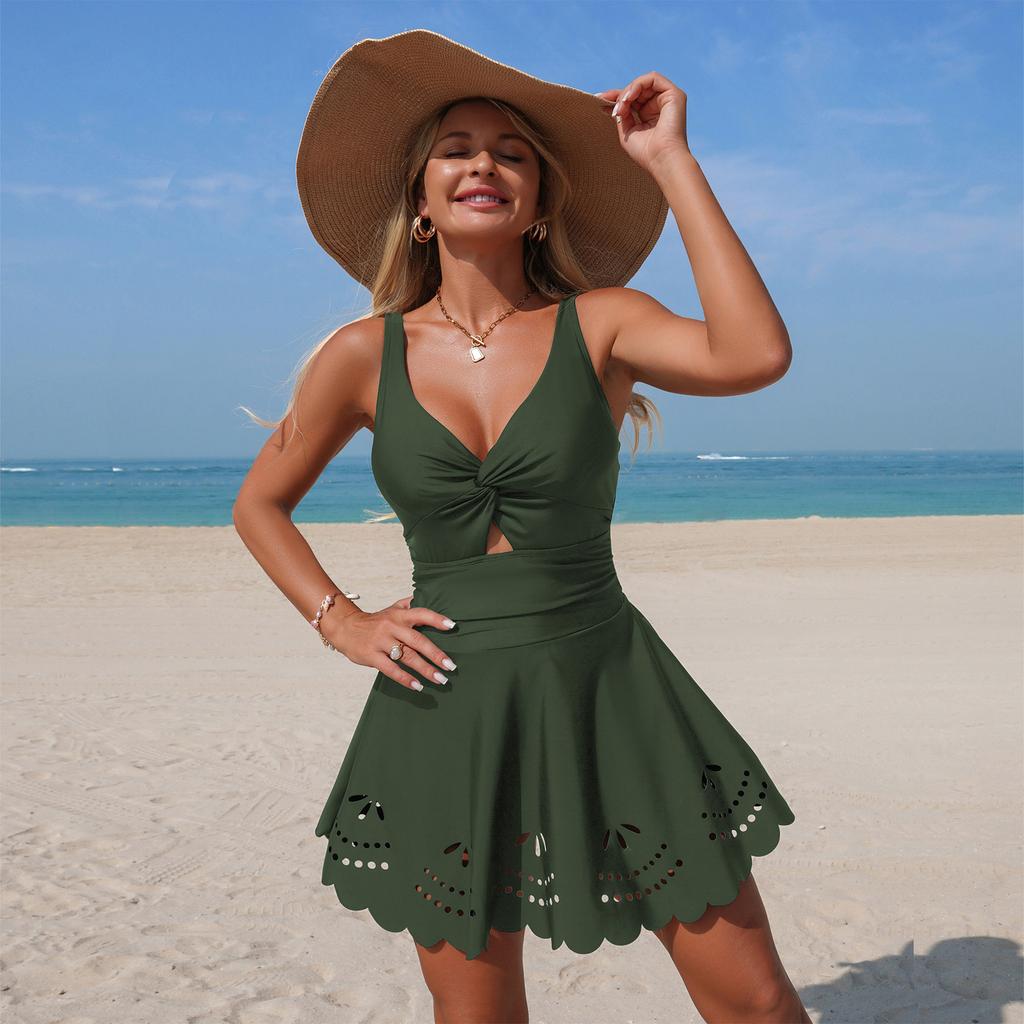 Women’s Swimdress with Scalloped Hem Cutout Detailing and Knot Front Design for Beach and Poolwear