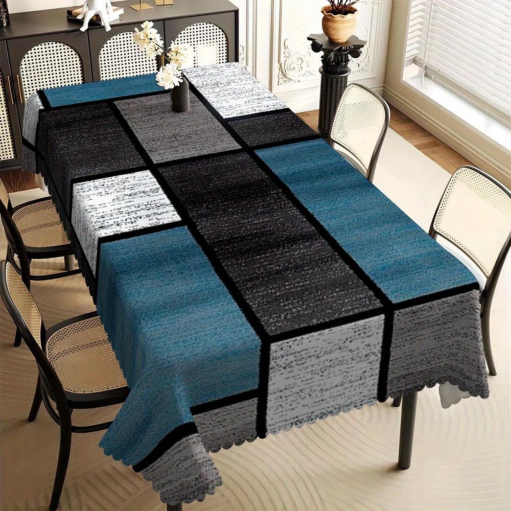1pc Modern Blue-Grey Geometric Square Pattern Rectangular Tablecloth - Washable Tablecloth