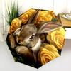 Rabbit and Flowers pattern, automatic folding umbrella, portable and foldable design, 8 ribs, a Christmas or birthday gift.