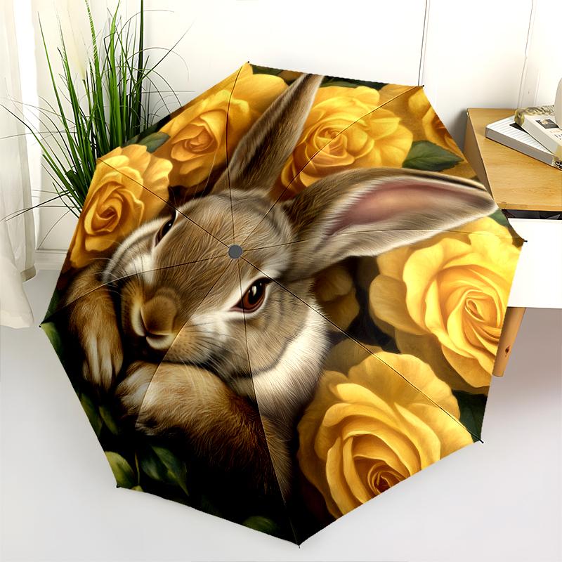 Rabbit and Flowers pattern, automatic folding umbrella, portable and foldable design, 8 ribs, a Christmas or birthday gift.