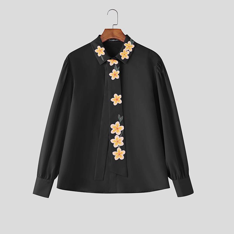 INCERUN Men Lapel Neck Long Sleeve Tie Up Buttons Up Floral Print Casual Shirts