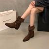 High Heel Pointed Suede Medium Boots Knight Boots Women's Boots 2025 Autumn and Winter Coffee Maillard Short Boots Pile Boots