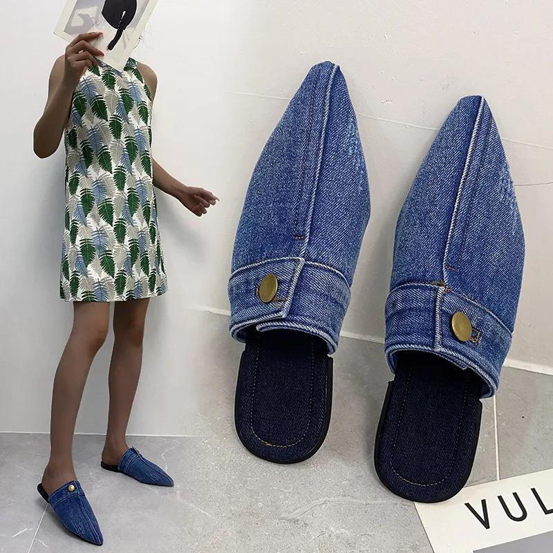 Fashion 2025 Super New Pointed Toe Denim Flat Bottom Half Slippers Women Fashion Outer Wear Shoes Large Size 43 Flip Flops Chanclas