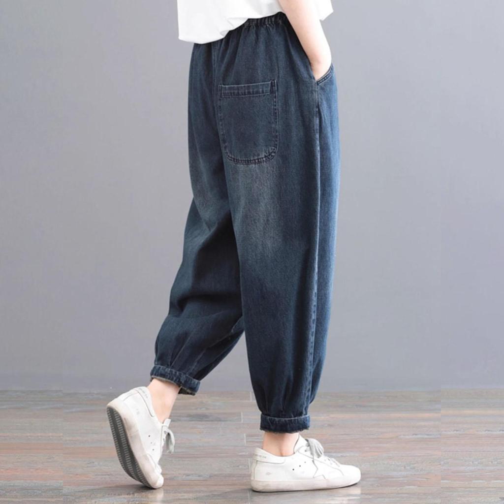 Women's Spring Summer Loose Cuffed Faded Plus Size Elastic Waist Casual Denim Lantern Pants Harem Pants