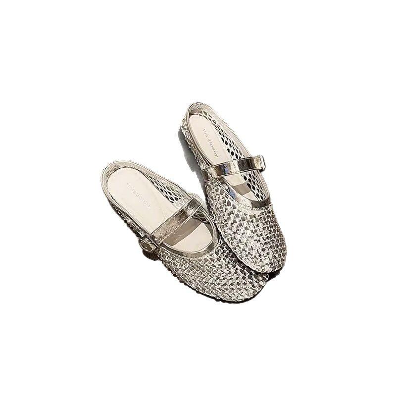 2025 spring and summer new lazy rhinestone heavy industry full diamond hollowed ballet shoes women's mesh fashion one pedal and half drag
