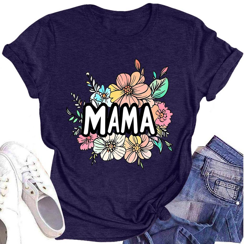 Damenmode Rundhals Kurzarm T-Shirt Muttertag Bedruckt Lässiges Oberteil