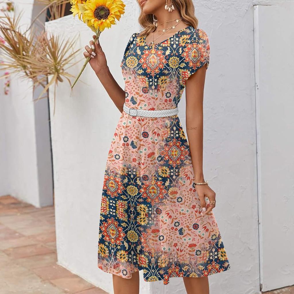 Women’s Casual Round Neck Printed Short Sleeve Dress with Pockets Relaxed Fit Lightweight Midi Length Suitable for Daily Wear