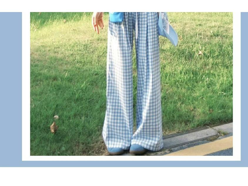 Petite Women's Blue Plaid High Waist Elastic Summer Pants - Yamamoto Drape Casual Straight Wide Leg 