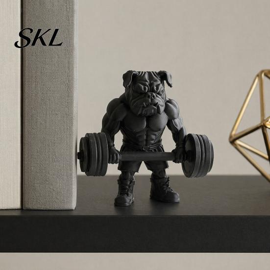 Animal Ornament 3D Printed Fitness Bulldog Figurine, Modern Muscular Barbell Dog Gym Decor Statue, Black Sculpture for Home Office Desk Muscle