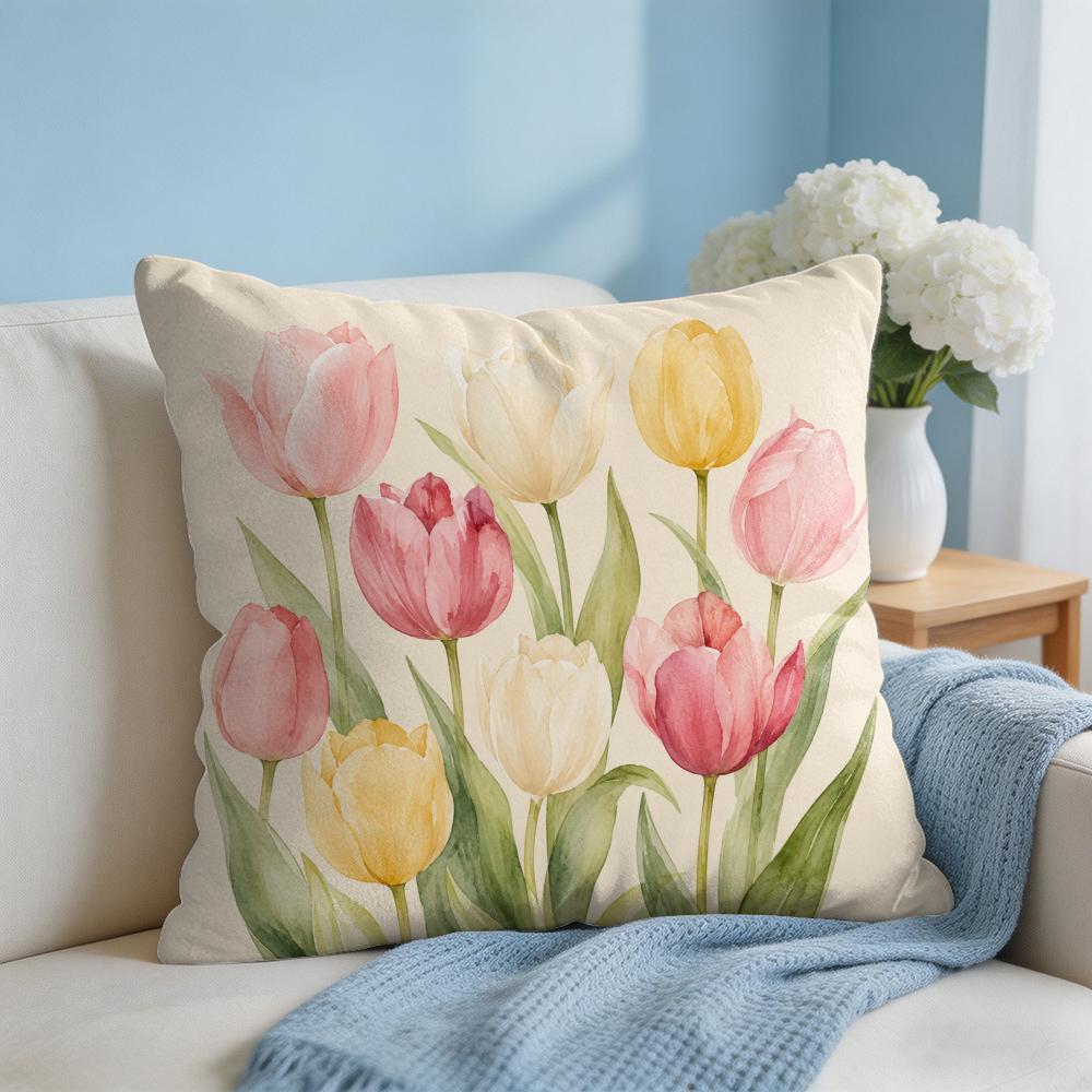 Cushion Cover Tulip Flower Short Plush Soft DoubleSided Printing Pillow Case Cozy Sofa Bedroom Home Decor Gift