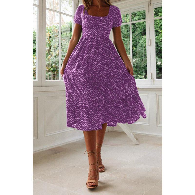 Women's French Vintage Floral Print Midi Dress Square Neck Puff Short Sleeve High Waist Chiffon Tiered Summer Casual Holiday Party Ladies Dress