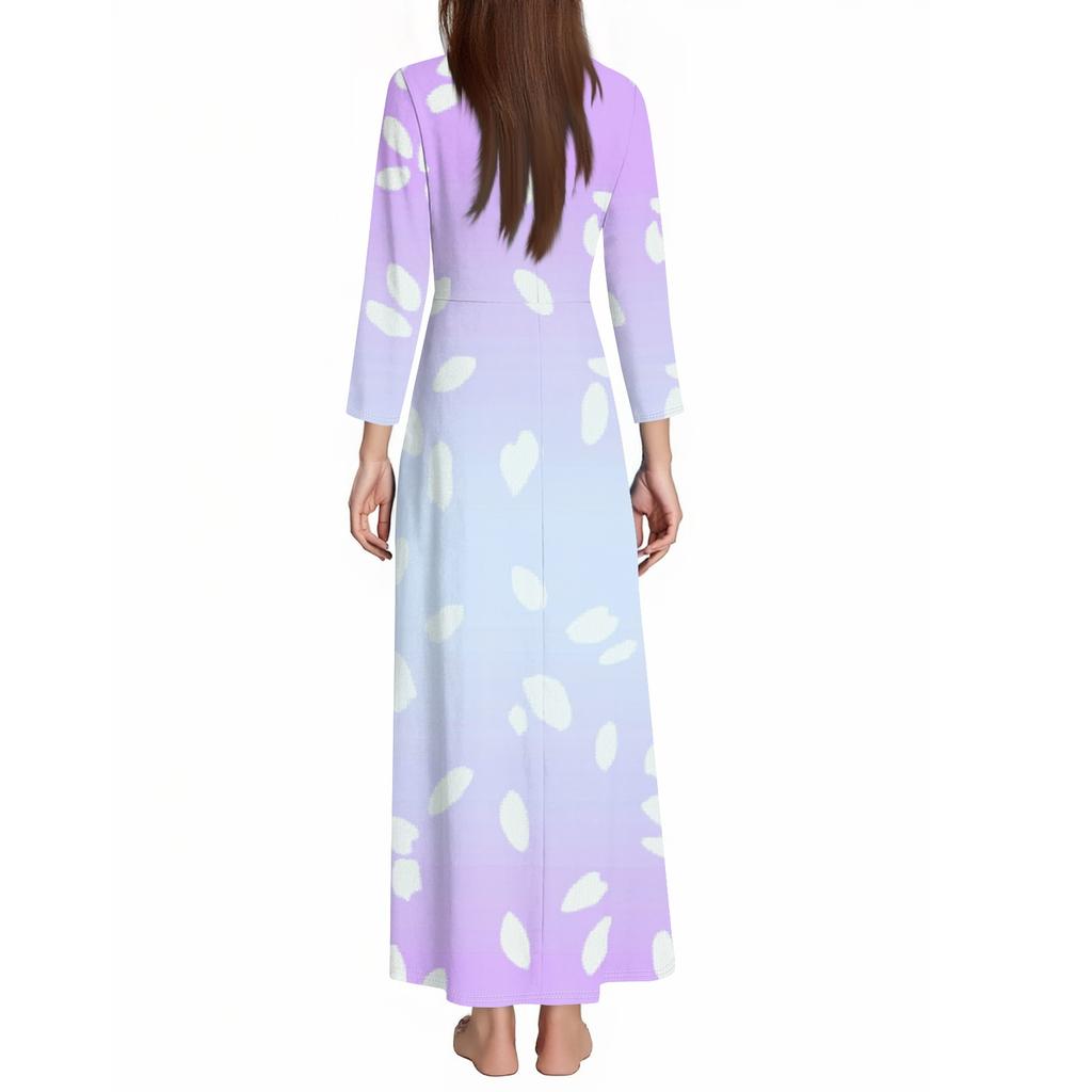Women's Casual 3/4 Sleeve V-Neck Floral Print Maxi A-Line Beach Dress