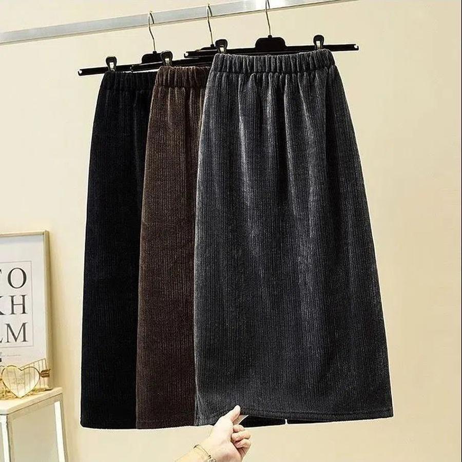 Plus Size Zimowa Polarowa Gruba Spódnica A-Line z Wysokim Stanem dla Kobiet - Sztruksowa Sukienka Midi