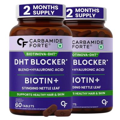 Carbamide Forte Biotina Bloqueador de DHT 60 Comprimidos X Pacote de 2 para Crescimento Capilar Suporte para Pele e Unhas para Homens e Mulheres