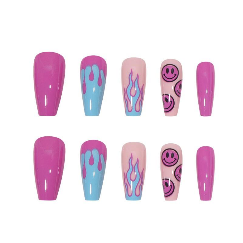 Medium-Long Ballet Style Press-On Nails With Purple Smiley Flame Design Sweet Aesthetic Nail Tips