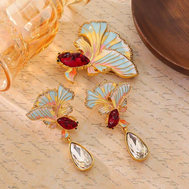 Qingdao Medieval Vintage Color Enamel National Style Boutique Goldfish Brooch Earrings Set