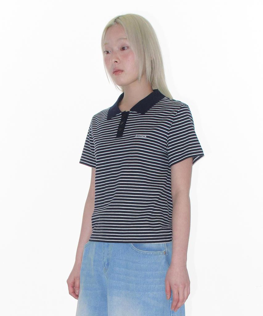 AMES-WORLDWIDE Basic Stripe Collar Tee Navy