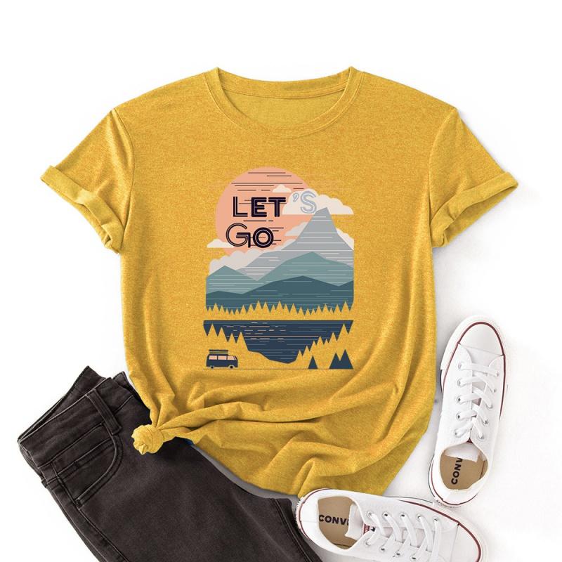 LingMeng Casual Fashion Creative Summer Sunrise Women's T-shirt Sunset Print Pattern Round Neck Loose Women's Tops Enjoy Life