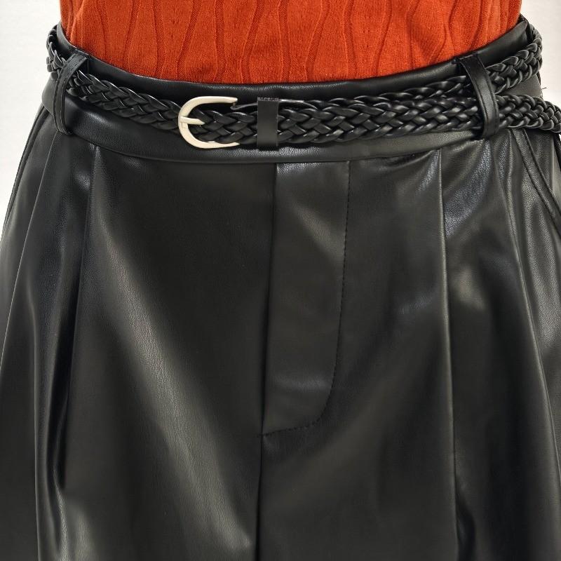 Qooth PU Leather Skirt with Pockets High-Waist Faux Leather Belted Skirt Women's Functional Fashion Skirt QT2984