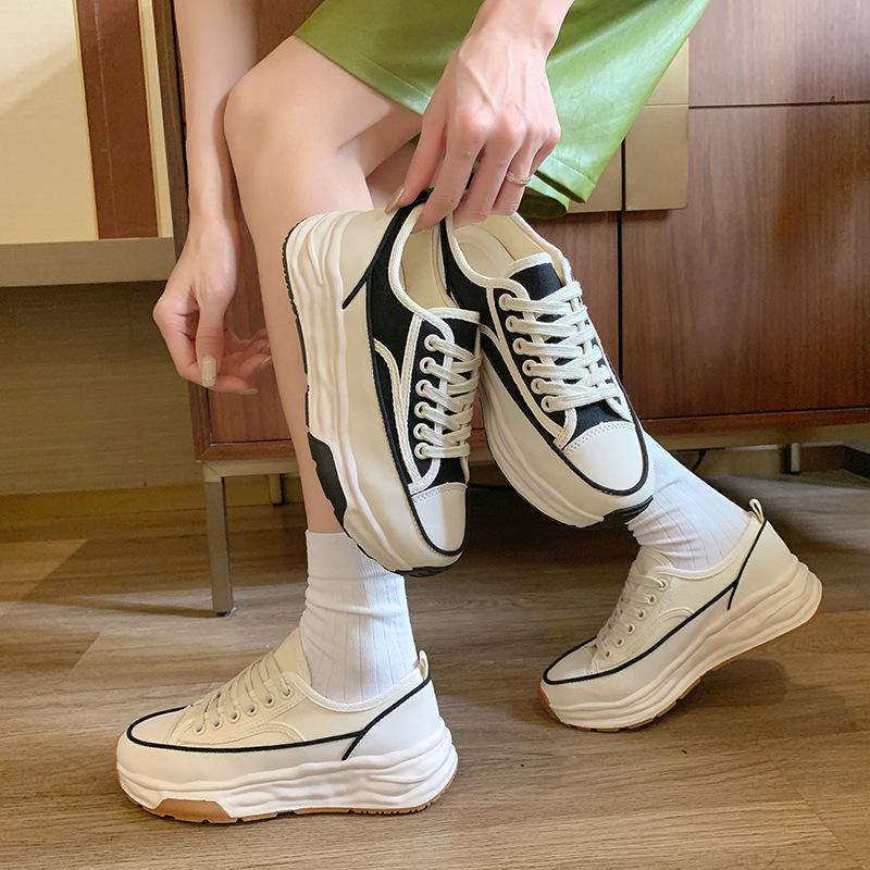 Ins Canvas Shoes Women's New Breathable Dissolving Internet Celebrity Platform Shoes Summer Heightening Casual Niche Lace-up Board Shoes