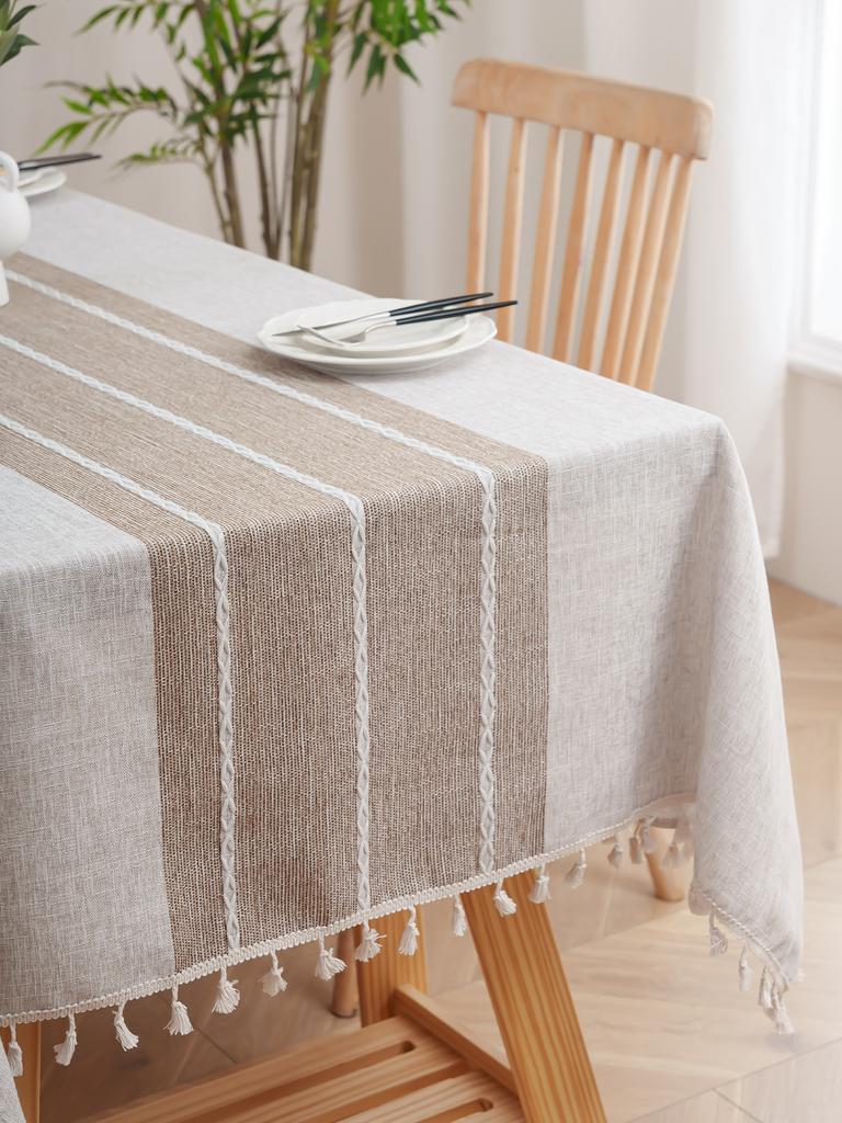 Khaki White Stripes Tablecloth for Living Room Bedroom Dining Table Classic Decor Anti-Slip Attractive Table Cover
