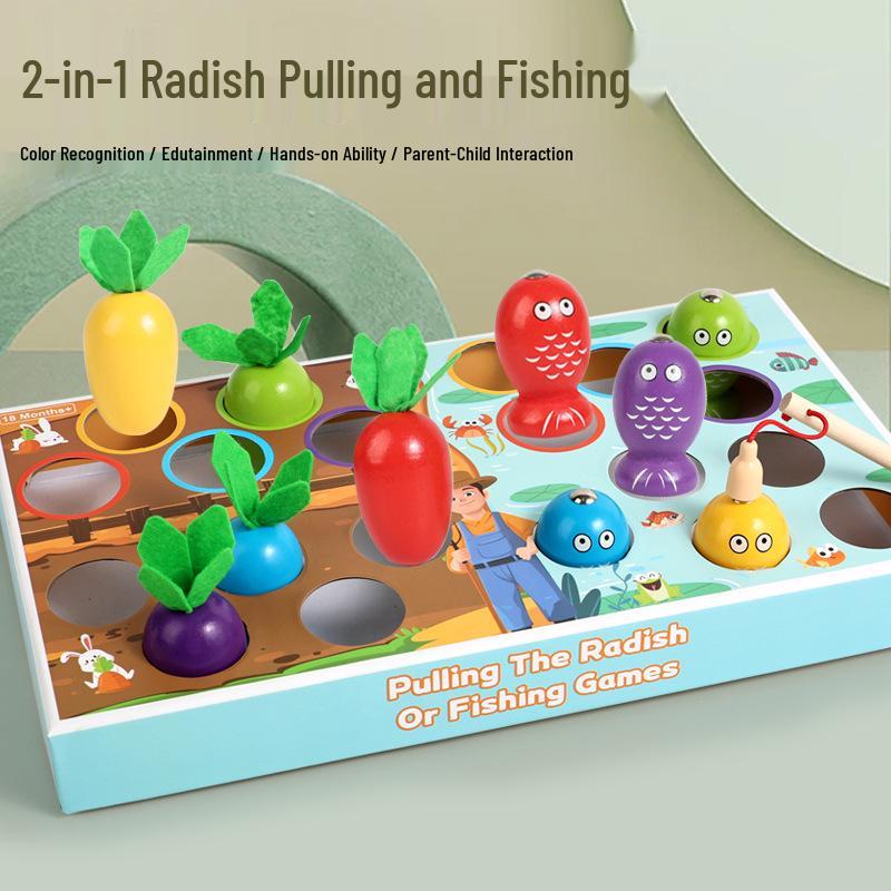 Children s Wooden Logic & Fishing Game: Two-in-One Pulling Radishes Toy for Early Education