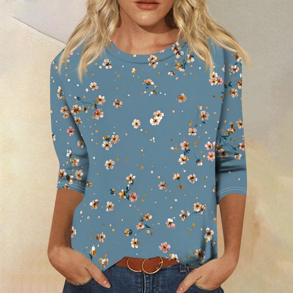 Women Casual Crew Neck Three Quarter Sleeve Floral Print T Shirt Top Relaxed Fit Lightweight Pullover Blouse for Daily Wear
