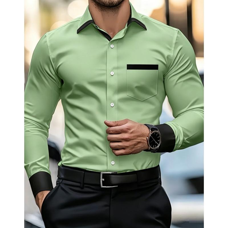 Men's Wrinkle Free Long Sleeve Shirt, Stretch Slim Fit Contrast Collar Luxury Commute Business Casual Shirt for Young Men